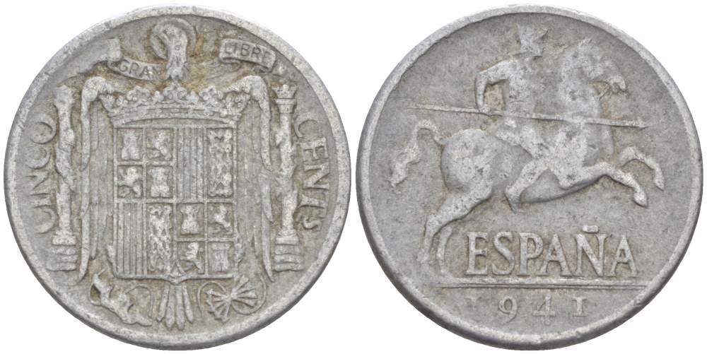 ИСПАНИЯ 5 СЕНТИМО 1941 РЫЦАРЬ НА КОНЕ KM 766 алюминий 4523-843