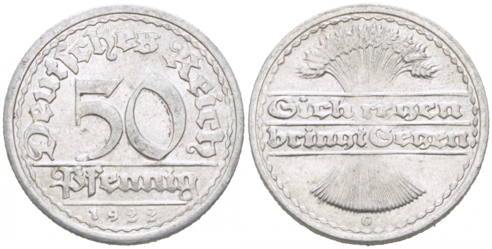 ГЕРМАНИЯ 50 ПФЕННИГОВ 1922 G KM 27, J. 301, Weege 10 алюминий 77-627
