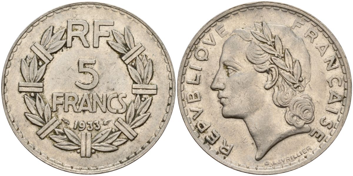 Франция 5 франков 1933 KM 888 никель 4149-324
