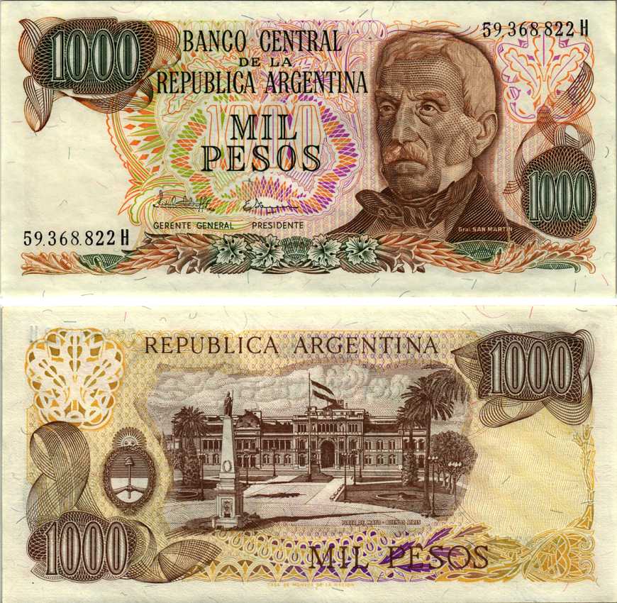 Аргентина 1000 песо 1982 серия H 59368, Генерал Сан Мартин Pick 304d, Bottero 2459 бумага аUNC 6352-26-2-1
