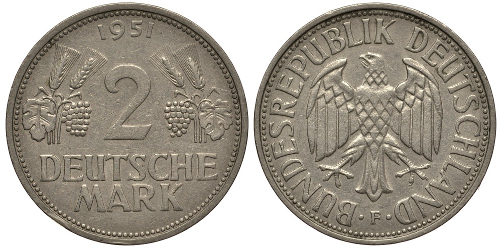 ФРГ 2 марки 1951 F J 386, KM 111 медно-никель плакированный никелем 413-3731