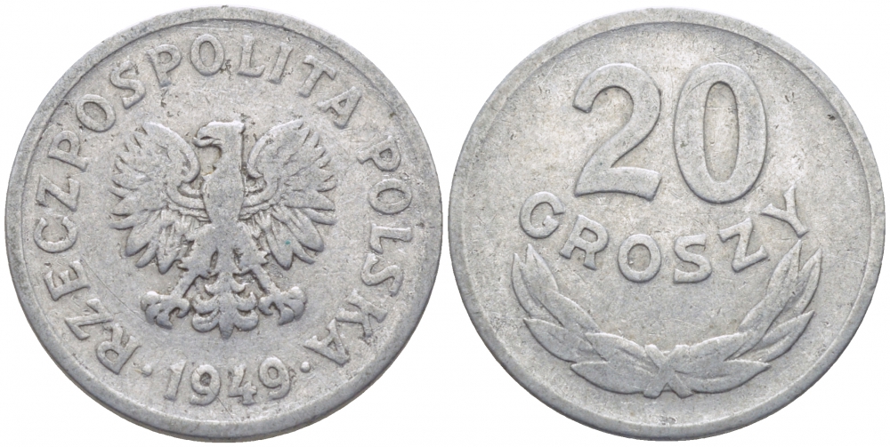 Польша 20 грошей 1949 KM 43а, Parchimowicz 207b алюминий 4448-221