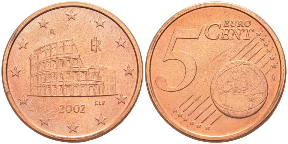 ИТАЛИЯ 5 ЕВРОЦЕНТОВ 2002 R KM 212 сталь плакированная медью UNC 26-947