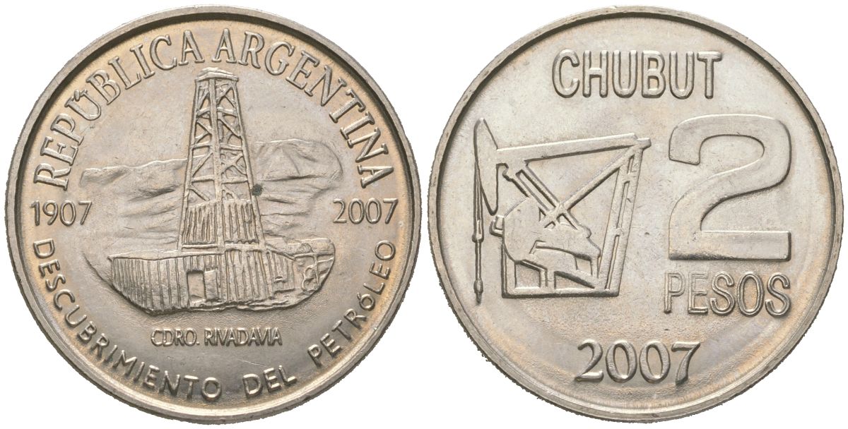 Аргентина 2 песо 2007 100 лет нахождению нефти в Аргентине KM 145 медно-никель UNC 4157-743