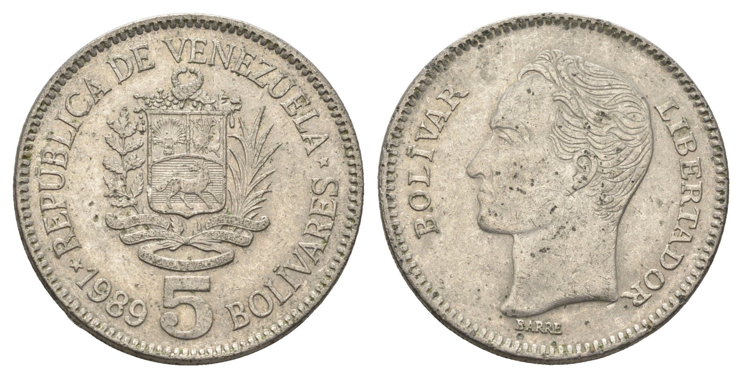 Венесуэла 5 боливаров 1989 Симон Боливар, толстый шрифт Y 53a.2 сталь плакированная никелем 4661-321