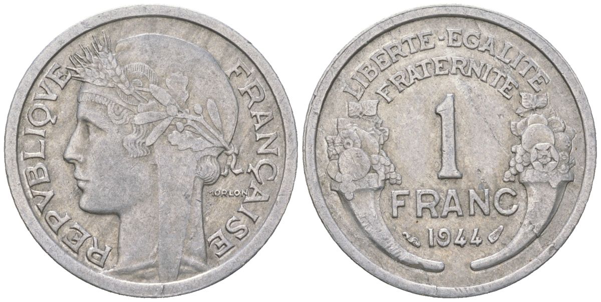 Франция 1 франк 1944 KM 885a алюминий 4616-834