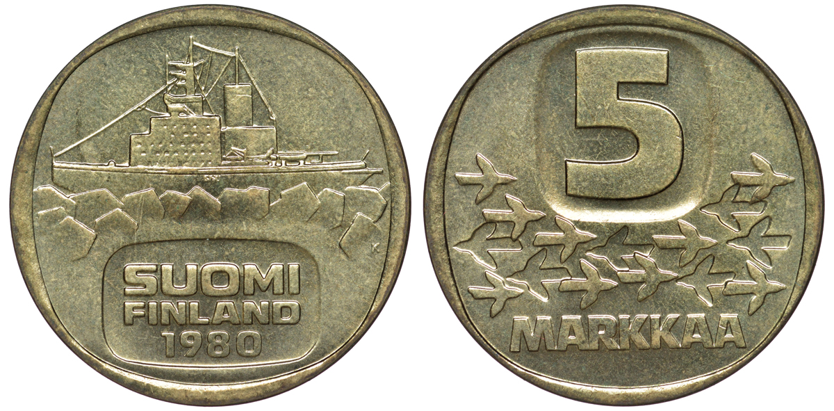 ФИНЛЯНДИЯ 5 МАРОК 1980 K, КОРАБЛЬ KM 57 алюминиевая бронза UNC 3334-334