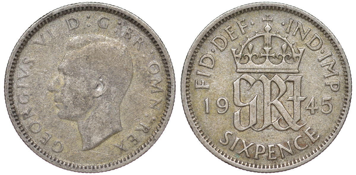 Великобритания 6 пенсов 1945 Георг VI (1936-1952) KM 852, Spink 4084 серебро 4178-354
