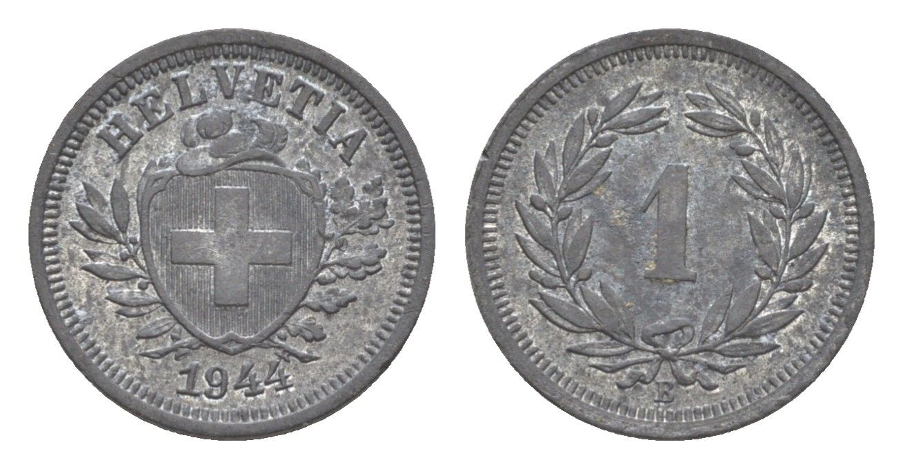 Швейцария 1 раппен 1944 B KM 3a цинк 4630-517
