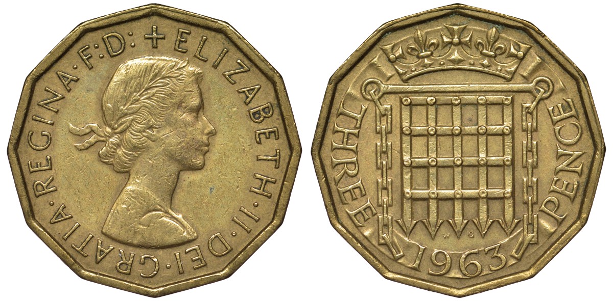 Великобритания 3 пенса 1963 Елизавета II (1952-2022) KM 900, Spink 4153 никель латунь 4122-937