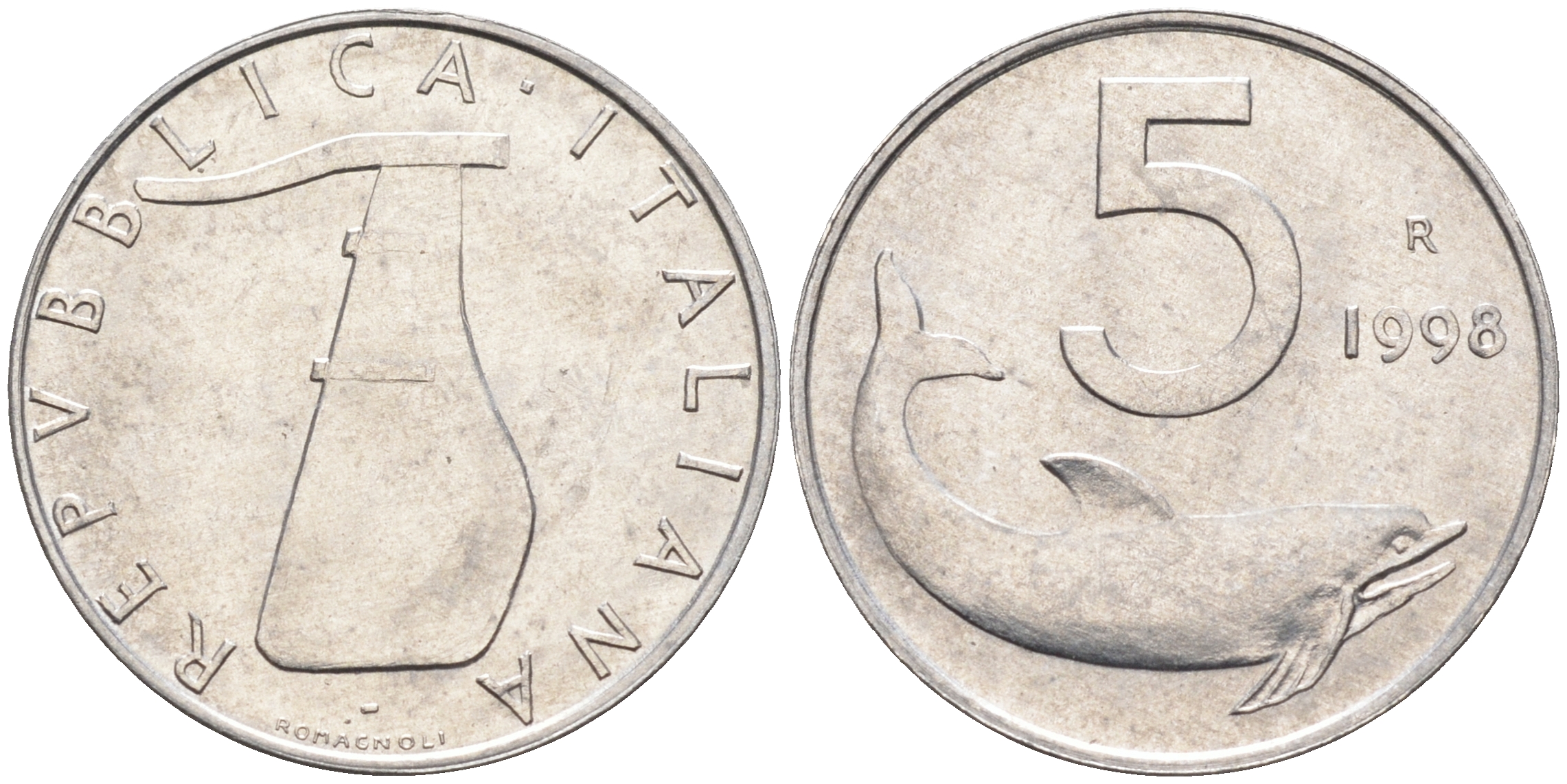 Италия 5 лир 1998 R, дельфин KM 92 алюминий  UNC  4594-1025