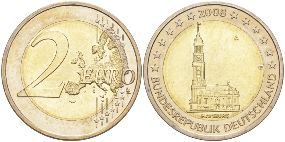 ФРГ 2 евро 2008 A, серия федеральные земли, церковь Св. Михаила в Гамбурге KM 261 биметалл UNC 4111-745