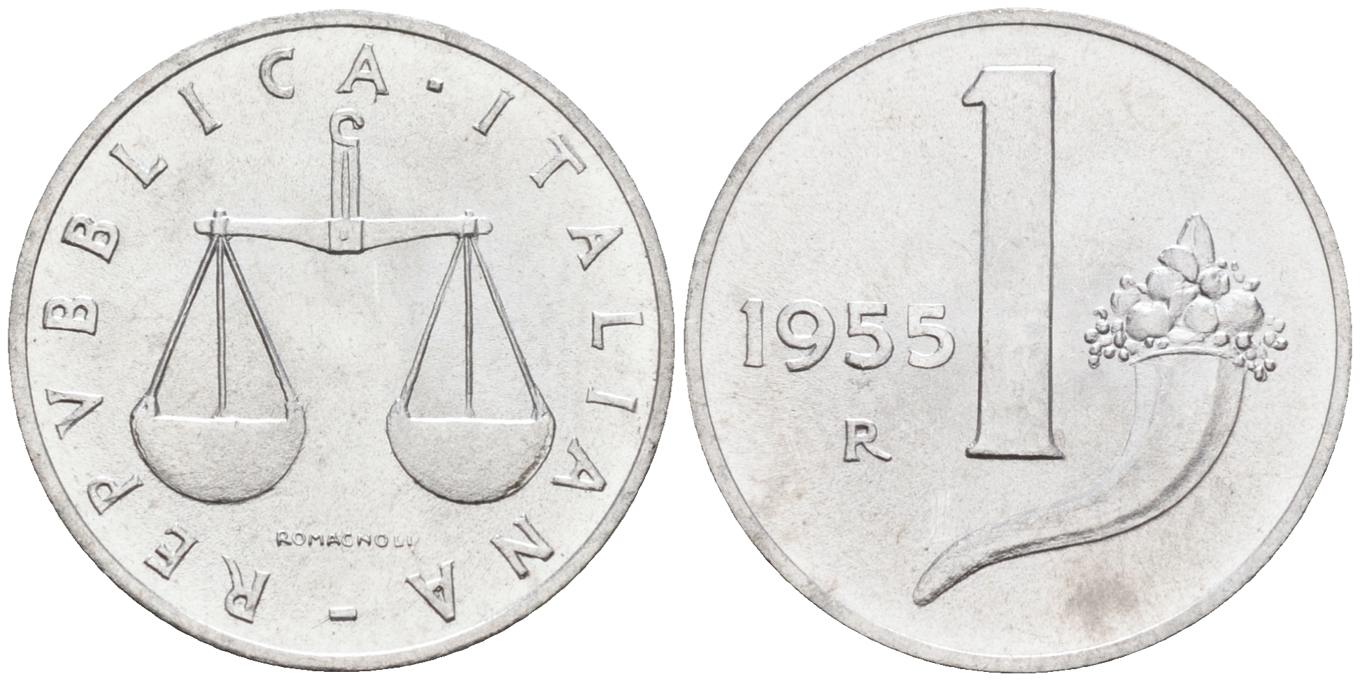 Италия 1 лира 1955 R, весы KM 91 алюминий  UNC  4594-657