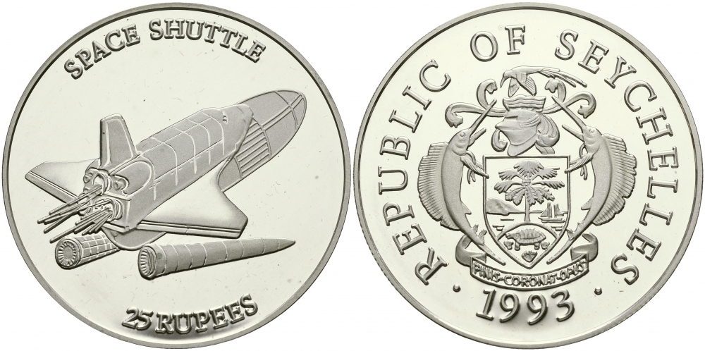 Сейшельские острова 25 рупий 1993 космический корабль, шаттл, тираж 10000 экз. KM 68 серебро PROOF 02-226-13