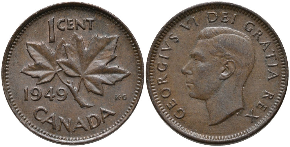 Канада 1 цент 1949 Георг VI (1937-1952), кленовый лист KM 41 бронза 220-759