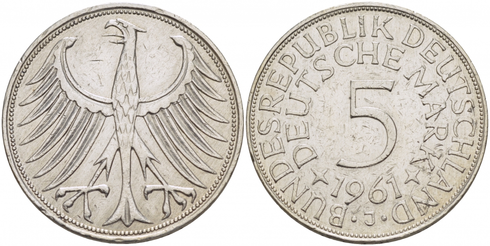 ФРГ 5 марок 1961 J, J. 387, KM 112.1 серебро 650-1321