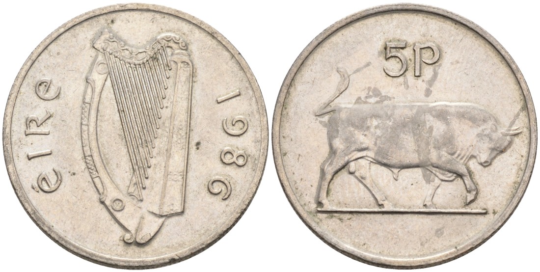 Ирландия 5 пенсов 1986 бык KM 22 медно-никель 4561-1211