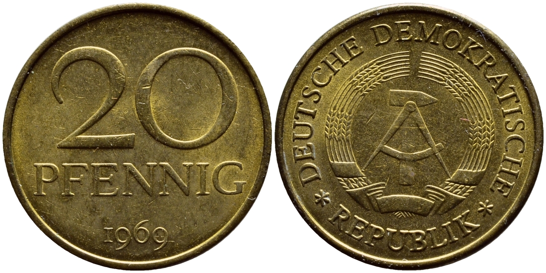 ГДР 20 пфеннигов 1969 А, первый год KM 11 латунь UNC 4395-151