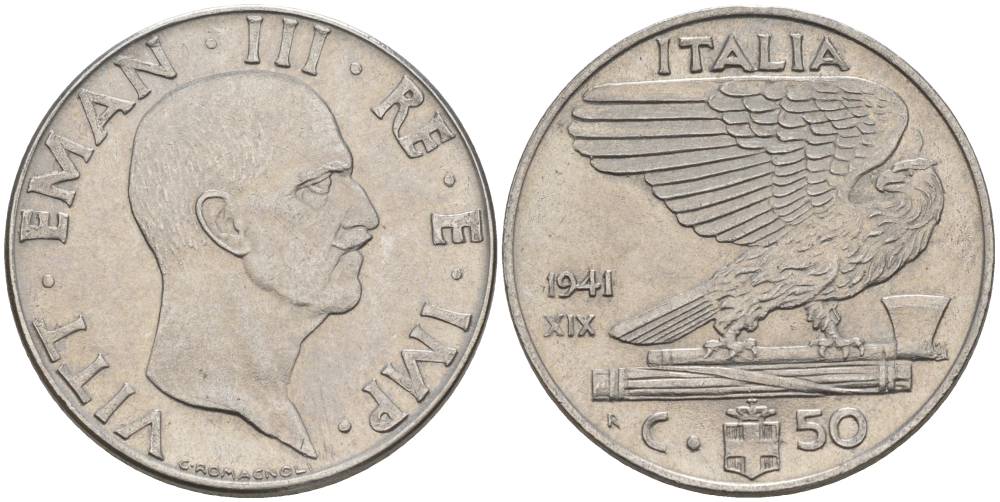 ИТАЛИЯ 50 ЧЕНТЕЗИМО 1941 R, ГОД XIX, ВИКТОР ЭММАНУИЛ III (1900-1946) KM 76b, VEM3. 1063 нержавеющая сталь 3853-331