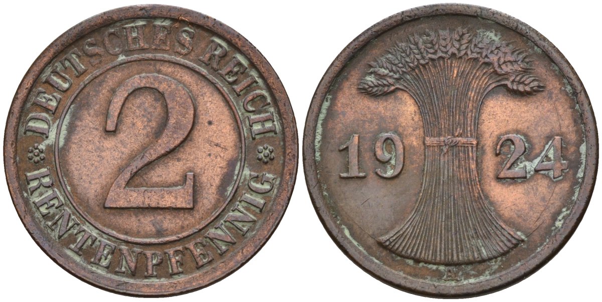 Германия 2 рентенпфеннига 1924 A KM 31, J. 307 бронза 4147-1244