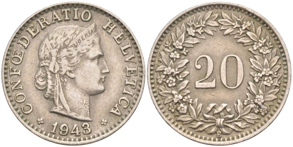 ШВЕЙЦАРИЯ 20 РАППЕНОВ 1943 В KM 29a медно-никель 55-657