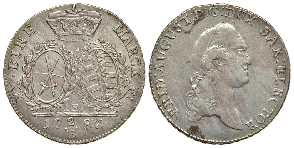 Саксония 2/3 талера 1787 I.E.C., Фридрих Август III (1763-1806) KM 991 (C118) серебро aUNC 00-000-00