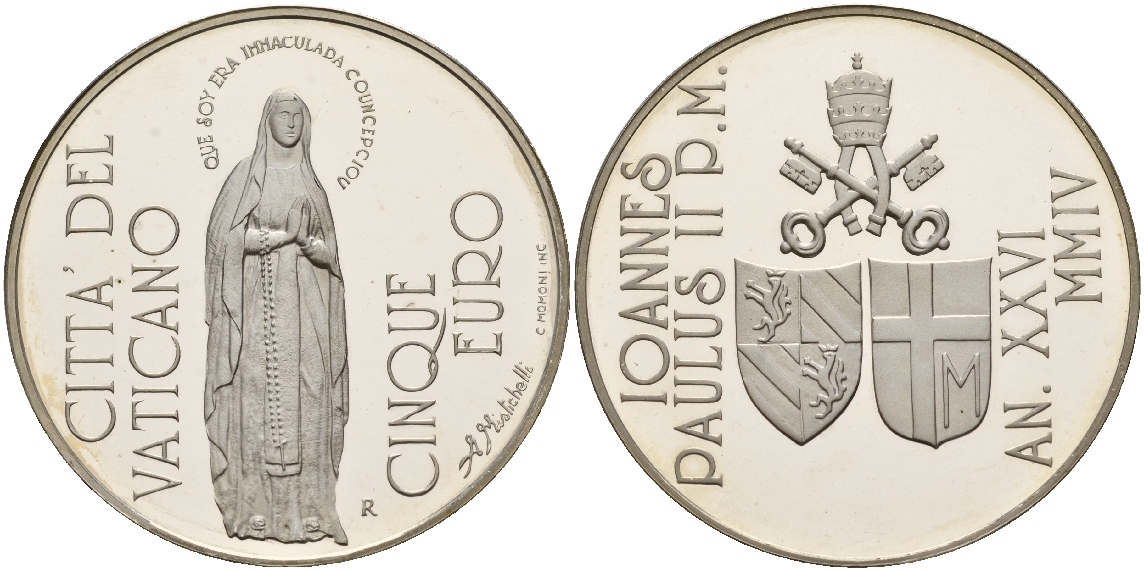 Ватикан 5 евро 2004 Иоанн Павел II, 150 лет провозглашения догмата о непорочном зачатии, в оригинальной коробке, с сертификатом KM 359 серебро  PROOF 2-4-2-26