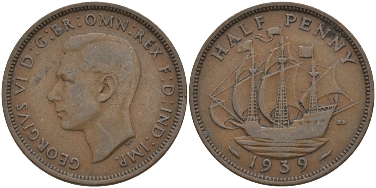 Великобритания 1/2 пенни 1939 Георг VI (1936-1952) KM 844, Spink 4115 бронза 4146-216