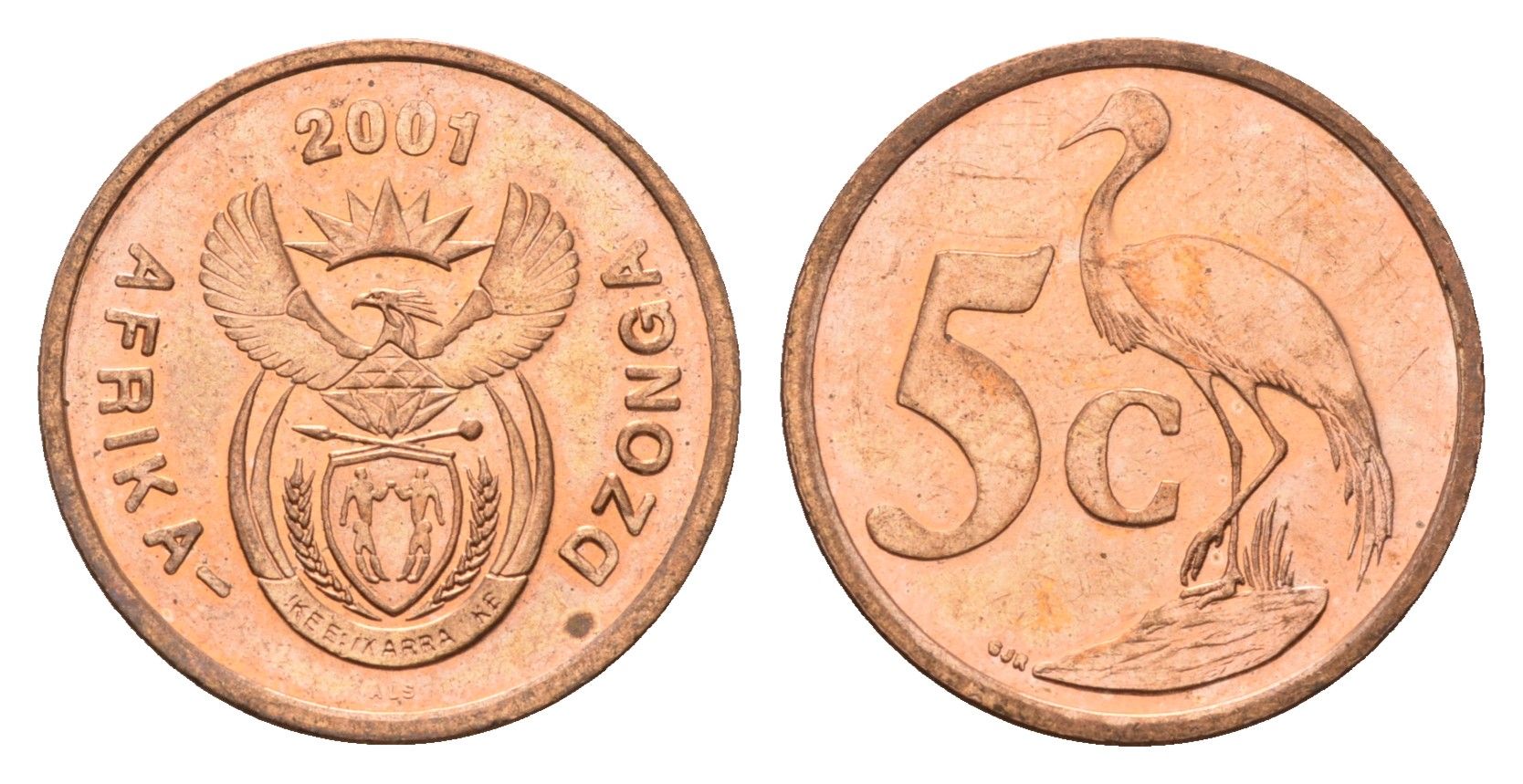 ЮАР 5 центов 2001 герб, райский журавль KM 223 сталь плакированная медью UNC 4687-234