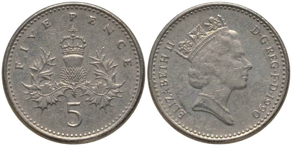 Великобритания 5 пенсов 1990 Елизавета II (1952-2022) KM 937b, Spink 4372 (D4) медно-никель 218-1259