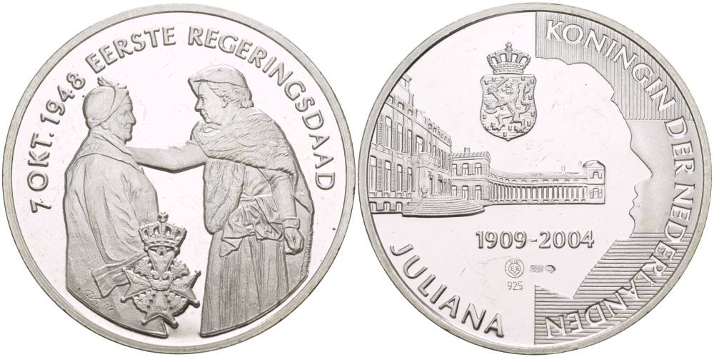 НИДЕРЛАНДЫ МЕДАЛЬ ND СЕРИЯ ЮЛИАНА КОРОЛЕВА НИДЕРЛАНДОВ (1909-2004), 7 ОКТЯБРЯ 1948 СМЕНА ПРАВИТЕЛЬСТВА, ДИАМЕТР 39 ММ., ВЕС 25 ГР., ПРОБА 925 серебро PROOF 1088-5-33