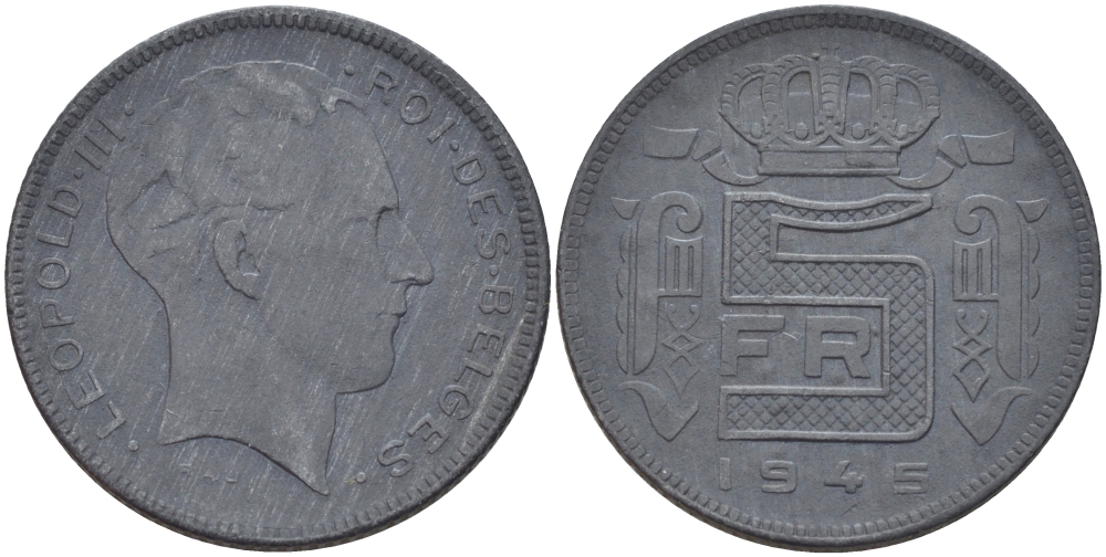 БЕЛЬГИЯ 5 ФРАНКОВ 1945 BELGES, ГЕРМАНСКАЯ ОККУПАЦИЯ, ВТОРАЯ МИРОВАЯ ВОЙНА KM 129.1 цинк 31-1245