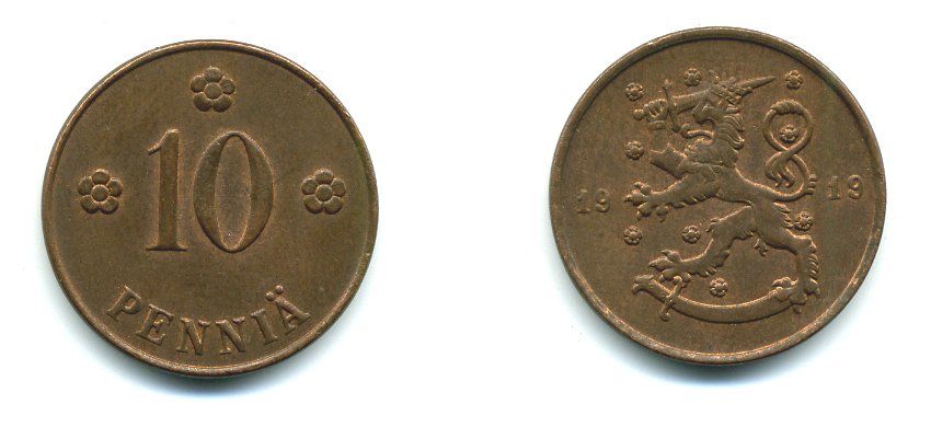 Финляндия 10 пенни 1919 KM 24 медь 37-143