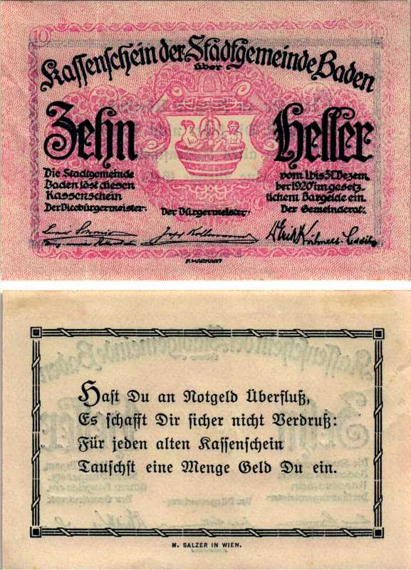 АВСТРИЯ, БАДЕН 10 ГЕЛЛЕРОВ 1920 31 ДЕКАБРЯ 1920, НОТГЕЛЬД бумага 6318-28-3-2