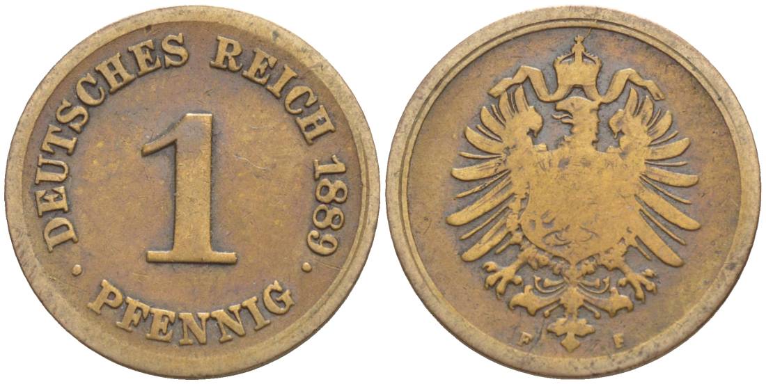 ГЕРМАНИЯ 1 ПФЕННИГ 1889 F, СТАРОГЕРБОВКА KM 1, Jager. 1, Weege 1 медь 4528-1111