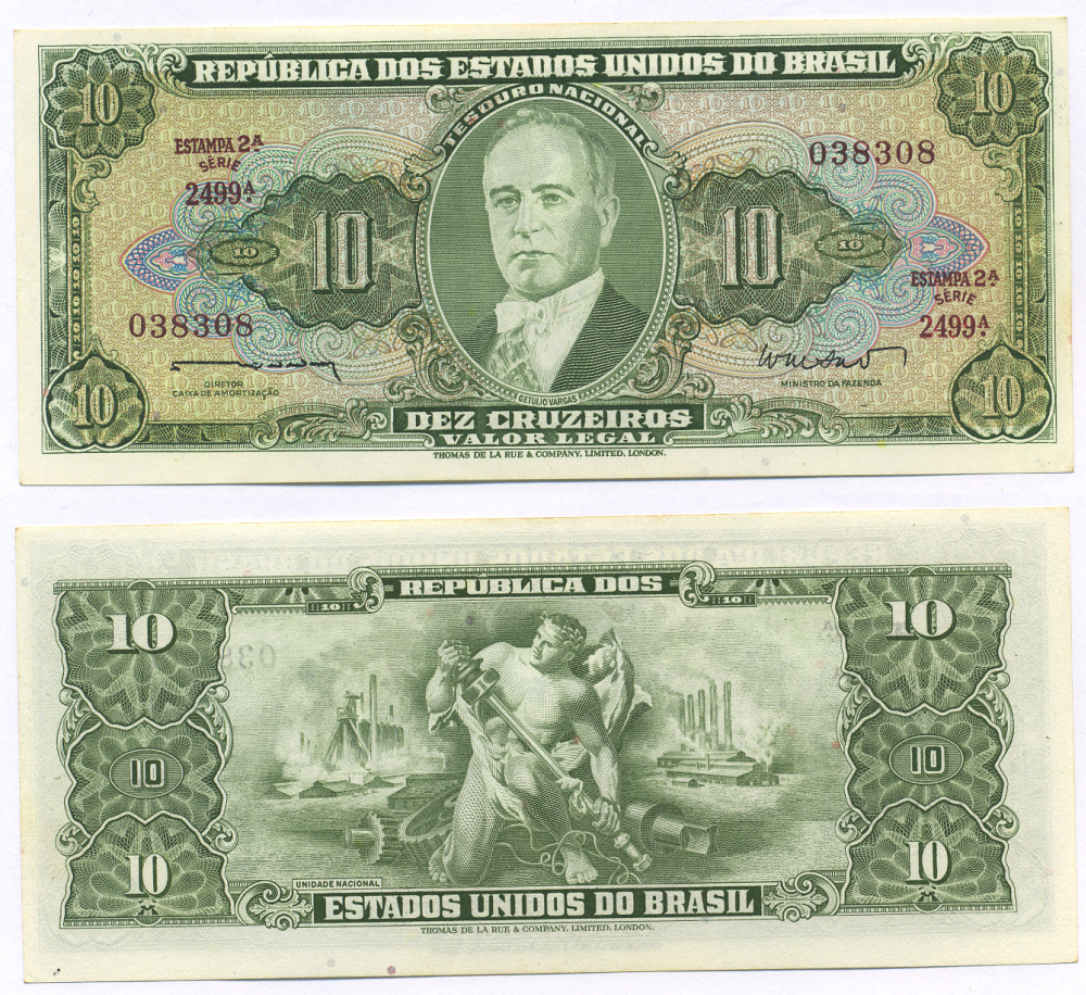 БРАЗИЛИЯ 10 КРУЗЕЙРО 1962 ESTAMPA 2A, СЕРИЯ 2499 Pick 177а бумага UNC (ПРЕСС) 6294-40-4