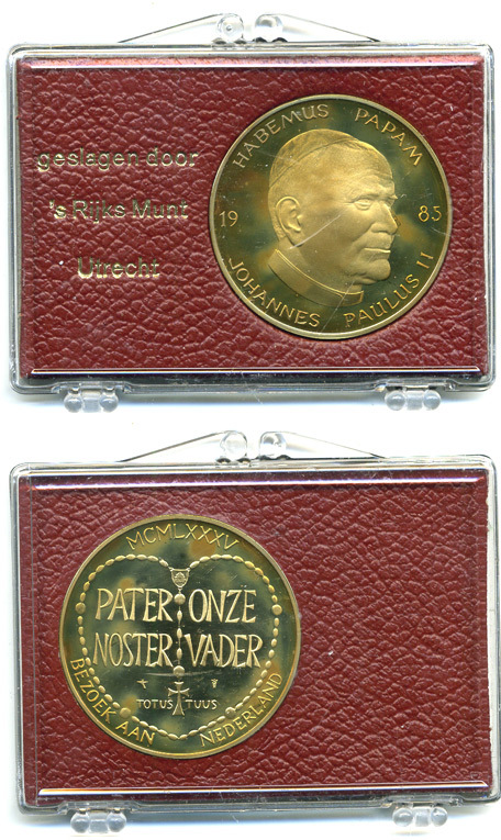 Нидерланды, Утрехт медаль 1985 понтифик Иоанн Павел II, позолота, в оригинальной пластиковой упаковке медно-никель PROOF 5-6-2-60