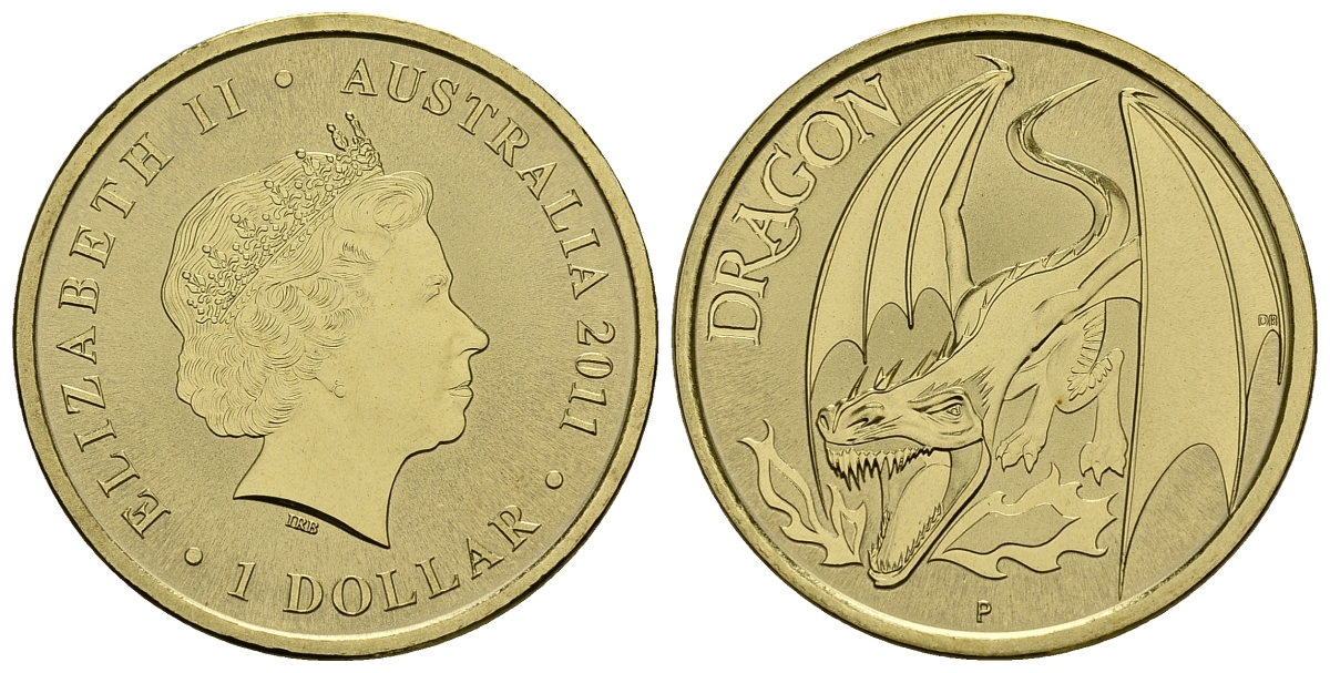 Австралия 1 доллар 2011 серия мифические существа, дракон KM 1580 алюминиевая бронза UNC M41-19