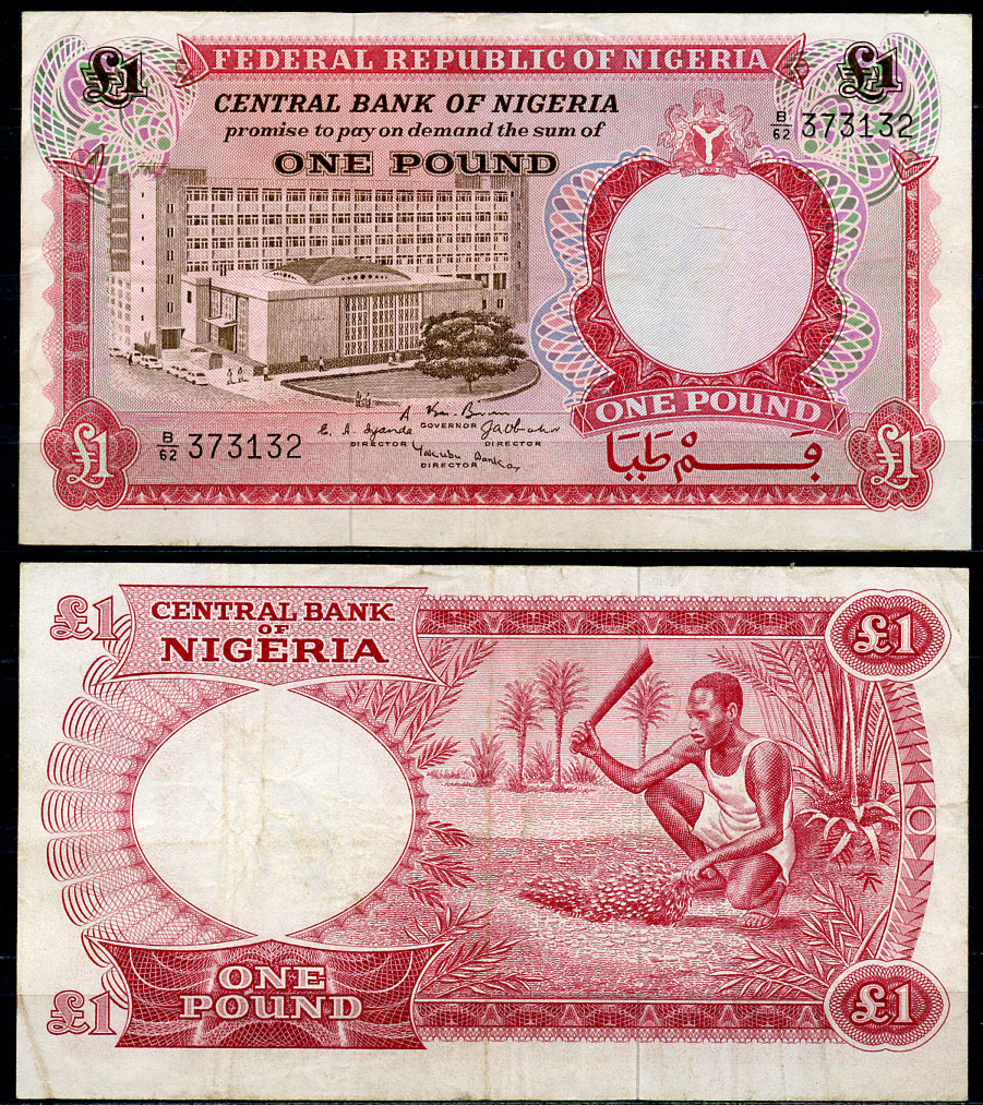 Нигерия 1 фунт 1967 Центральный банк в Лагосе Pick 8 бумага 8619-12-1-2