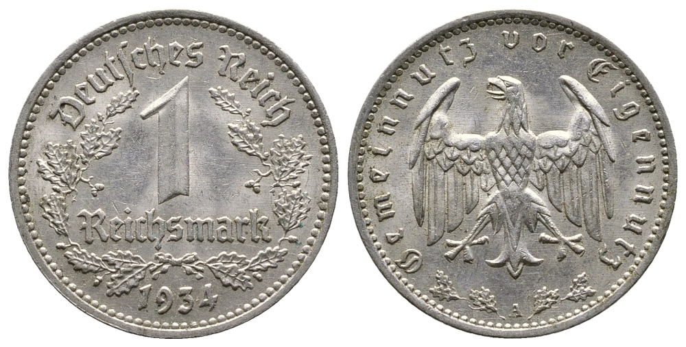 ГЕРМАНИЯ 1 РЕЙХСМАРКА 1934 А KM 78, J. 354 никель 4380-534