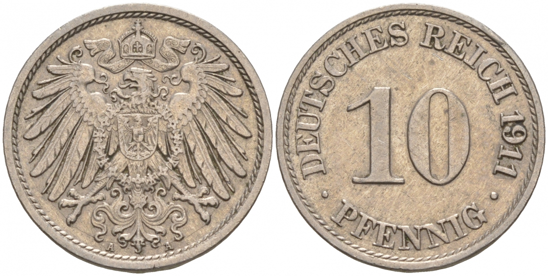 ГЕРМАНИЯ 10 ПФЕННИГОВ 1911 A KM 12, J. 13 медно-никель 73-1433