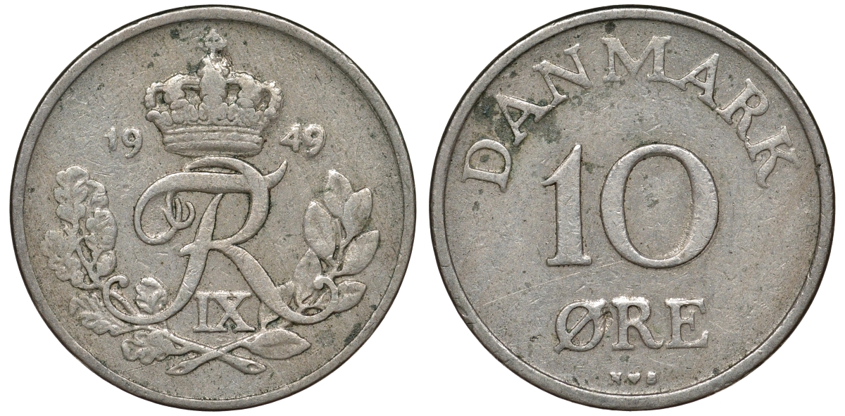 ДАНИЯ 10 ЭРЕ 1949 N; S, ФРЕДЕРИК IX (1947-1972) KM 841.1 медно-никель 62-513