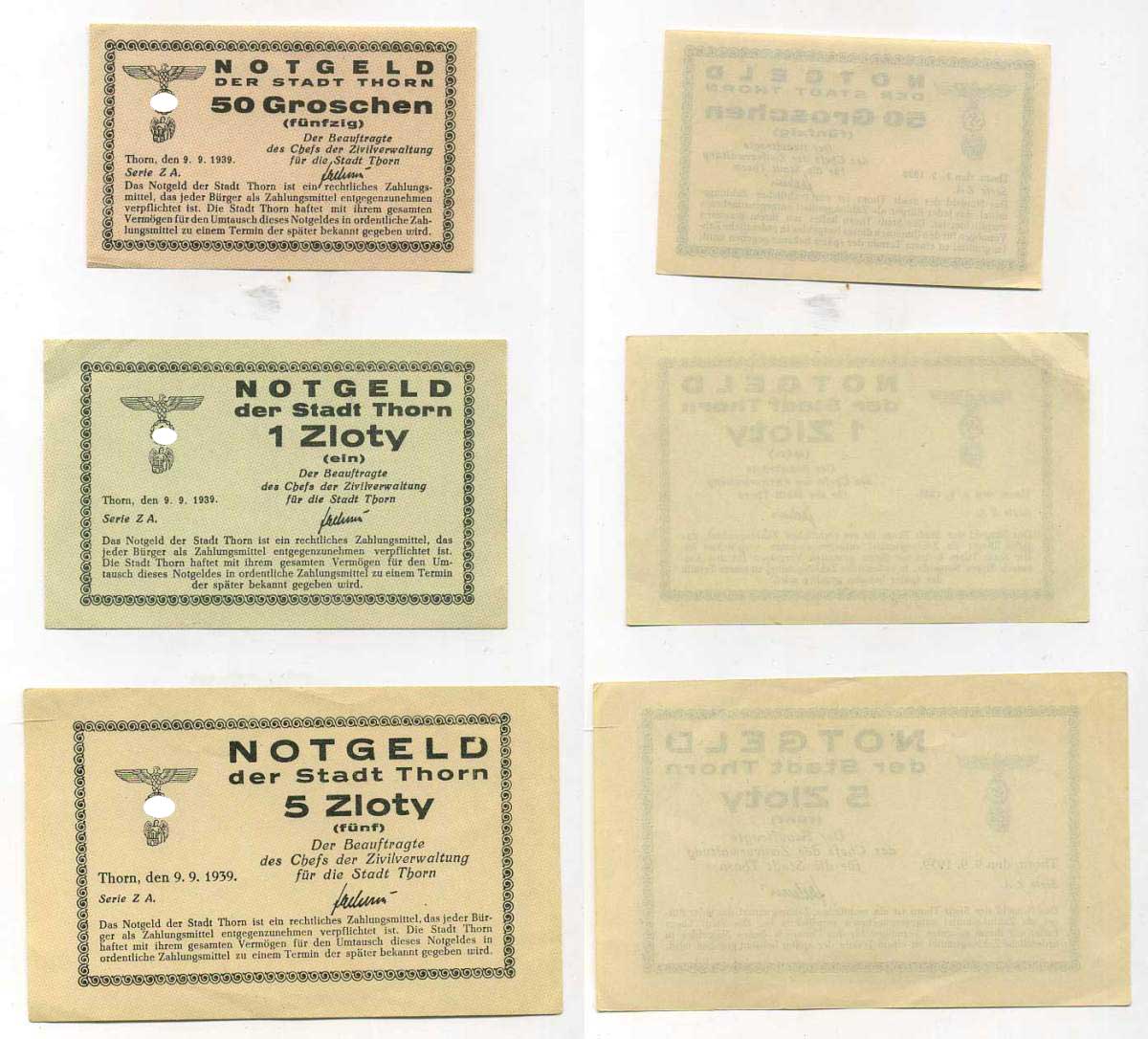 Польша, Торунь 50 грошей, 1 и 5 злотых 1939 оккупационный выпуск бумага aUNC - UNC (пресс) 451-278-1