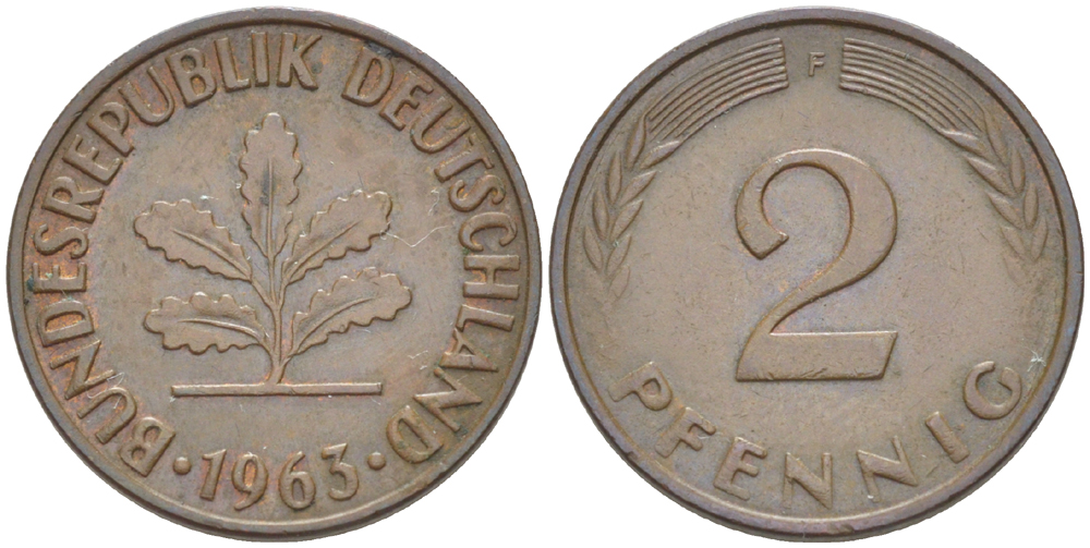 ФРГ 2 ПФЕННИГА 1963 F KM 106, J. 381 бронза 4181-735