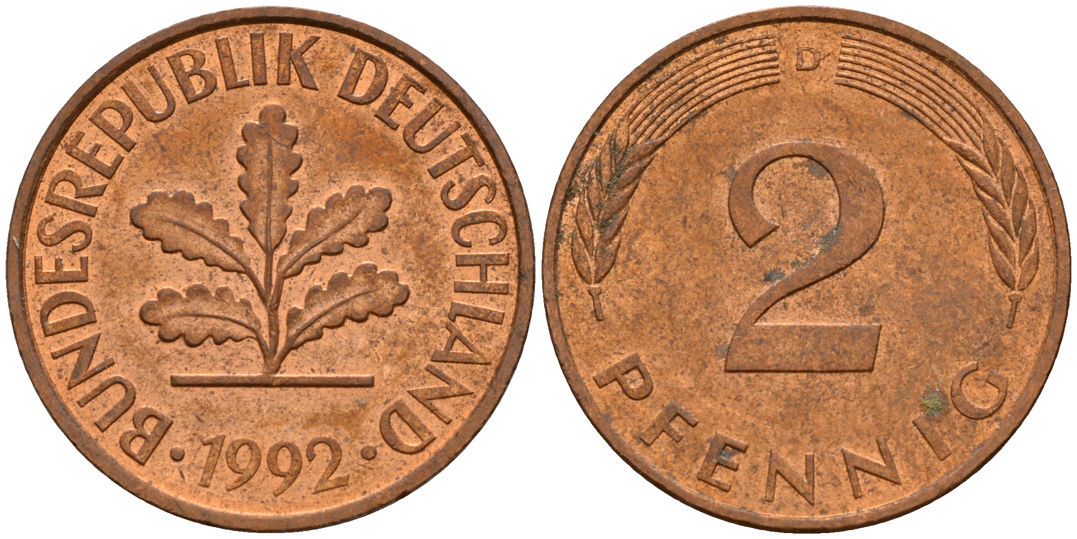 ФРГ 2 пфеннига 1992 D J.381a, KM 106a сталь плакированная медью    4598-932