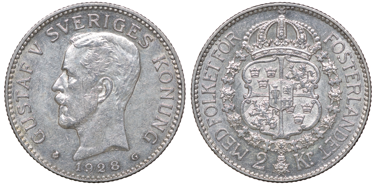Швеция 2 кроны 1928 G, Густав V (1907-1950) KM 787 серебро 00-00