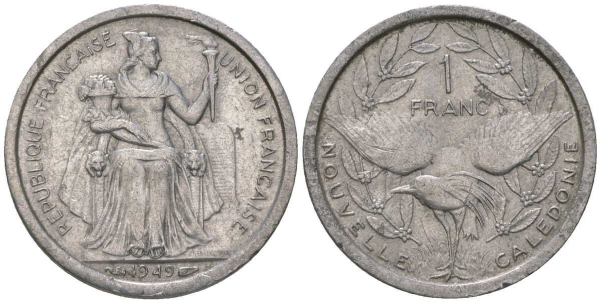 Французская Новая Каледония 1 франк 1949 птица кагу, (IEOM) KM 2, Schoen 2, Lec 36 алюминий    51-435