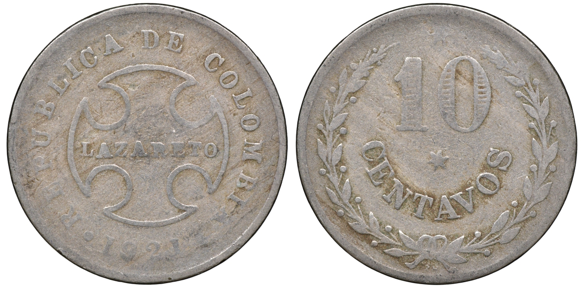 Колумбия 10 сентаво 1921 государственный лепрозорий KM L12 медно-никель 53-435