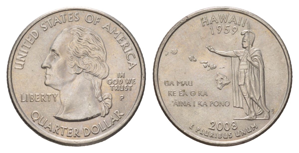 США 25 центов (квотер, 1/4 доллара) 2008 P, Квотер штата Гавайи KM 425 медь плакированный медно-никелем UNC 4629-213