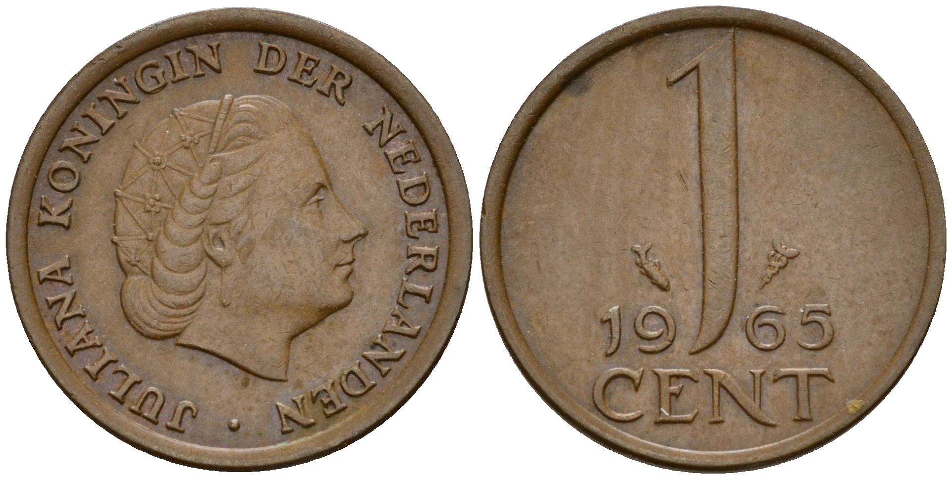Нидерланды 1 цент 1965 Юлиана (1949-1980) KM 180 бронза    4598-242